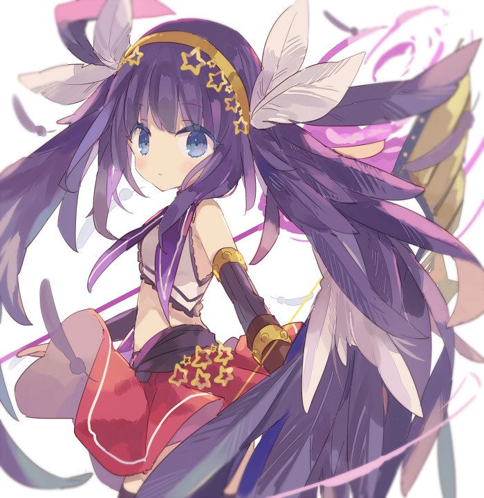 1girl, black_thighhighs, blurry, closed_mouth, cowboy_shot, depth_of_field, detached_sleeves, feather_hair_ornament