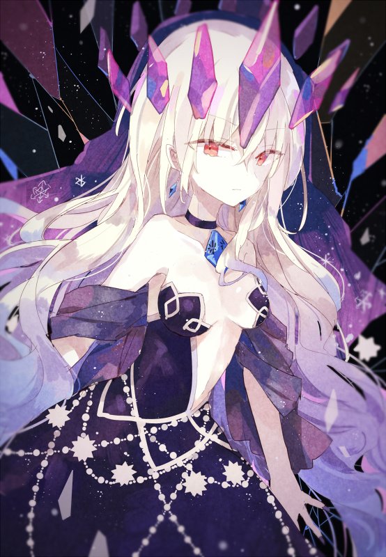 1girl, black_dress, blonde_hair, blurry, breasts, collarbone, crossed_bangs, crown