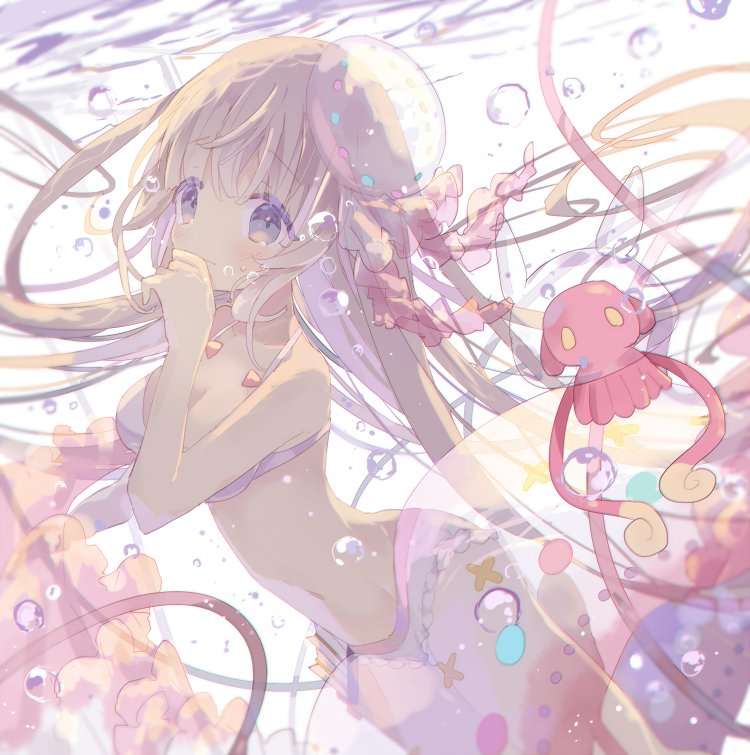 10s, 1girl, air_bubble, bikini, bikini_top_only, blonde_hair, blue_eyes, blush, bubble, closed_mouth, coral, female_focus, hand_up, jellyfish, long_hair, looking_to_the_side, merc_storia, phoenix0, solo, swimsuit, underwater, white_bikini
