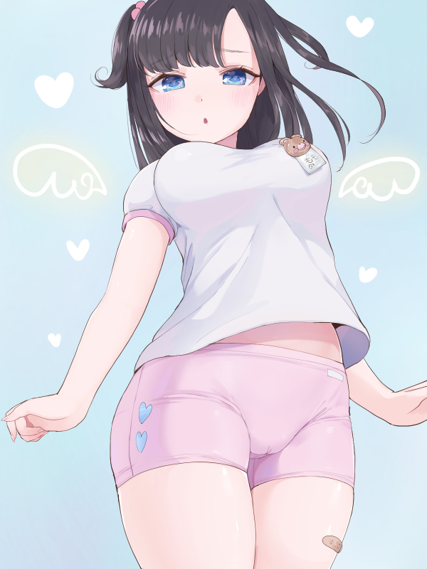 1girl, asymmetrical_bangs, bandaid, bandaid_on_leg, bear, black_hair, blue_background, blue_eyes, blush, breasts, cameltoe, cowboy_shot, female_focus, hair_bobbles, hair_ornament, heart, long_hair, looking_at_viewer, medium_breasts, open_mouth, original, pantylines, pink_shorts, shirt, short_shorts, short_sleeves, shorts, simple_background, solo, standing, thighs, two_side_up, ushinomiya, white_shirt, wings