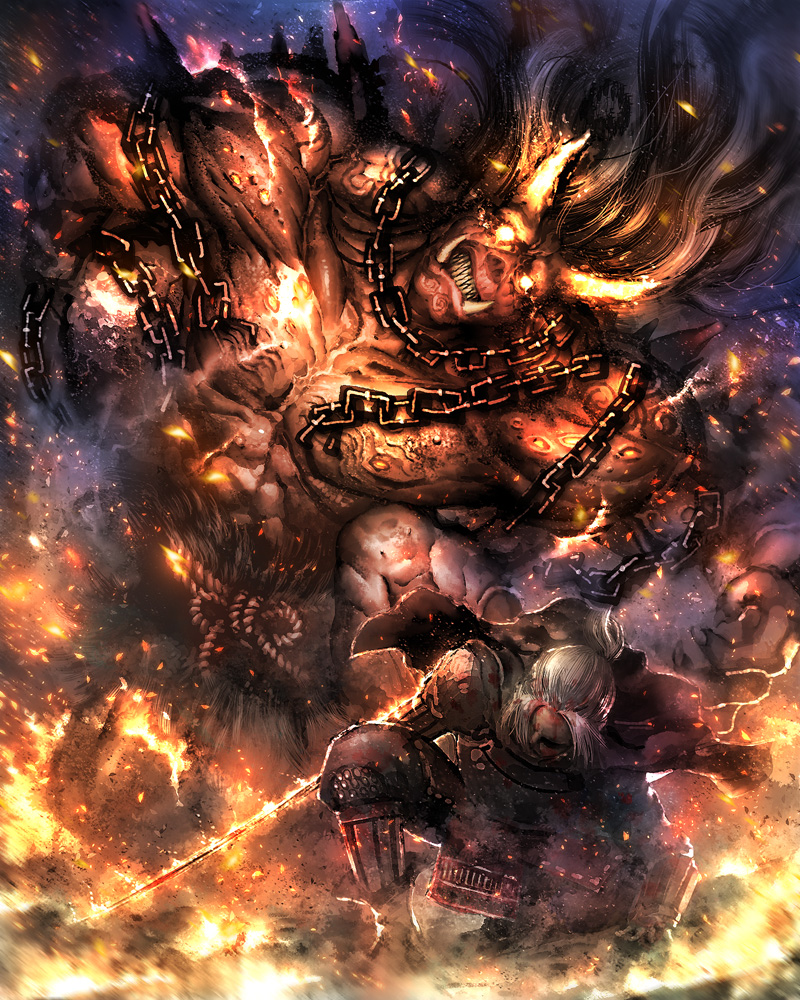 armor, breastplate, chain, commentary_request, demon, fire, glowing, glowing_eyes, horns, katana, nioh, onryoki_(nioh), shoulder_pads, steel_ball_(jojo), sword, tako_(pixiv8535), tecmo, weapon, white_hair, william_(nioh), yomi