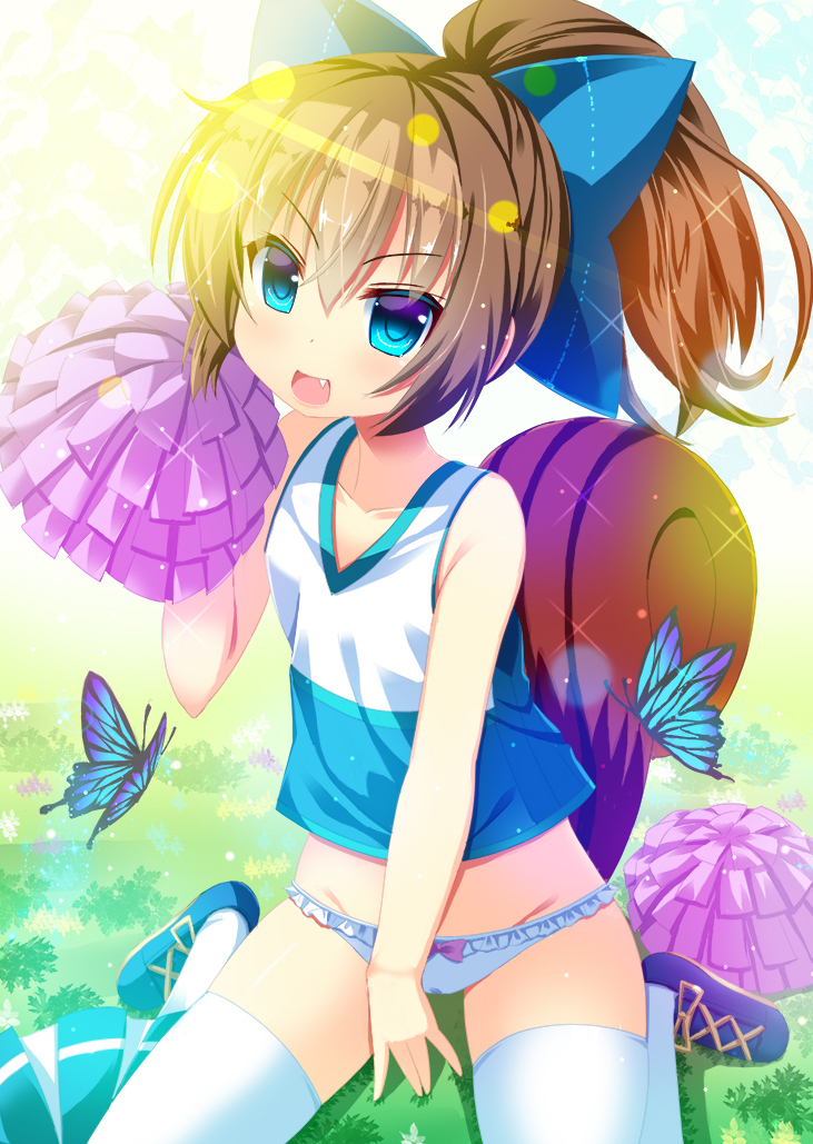 >:d, 1girl, :d, aqua_skirt, between_legs, blue_bow, blue_eyes, blush