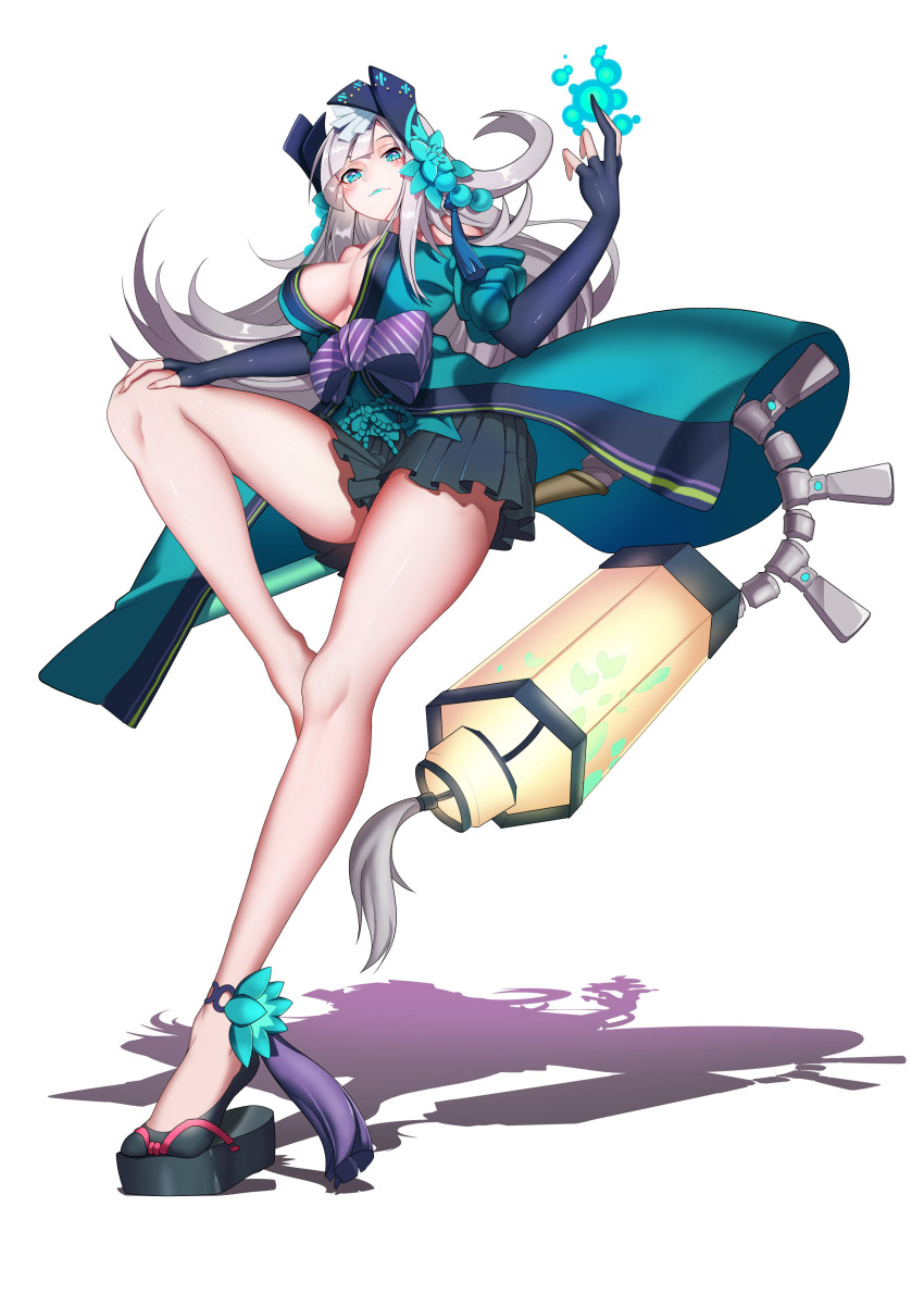 1girl, absurdres, aoandon, bare_shoulders, black_gloves, blue_eyes, blue_lips, blunt_bangs, blush, breasts, cleavage, female_focus, foreshortening, full_body, gloves, grey_hair, hair_ornament, highres, japanese_clothes, jiuling, lantern, legs, lipstick, long_hair, looking_at_viewer, makeup, medium_breasts, miniskirt, no_bra, obi, onmyoji, partially_fingerless_gloves, platform_footwear, pleated_skirt, sash, shadow, simple_background, skirt, solo, staff, tabi, tiptoes, very_long_hair, white_background