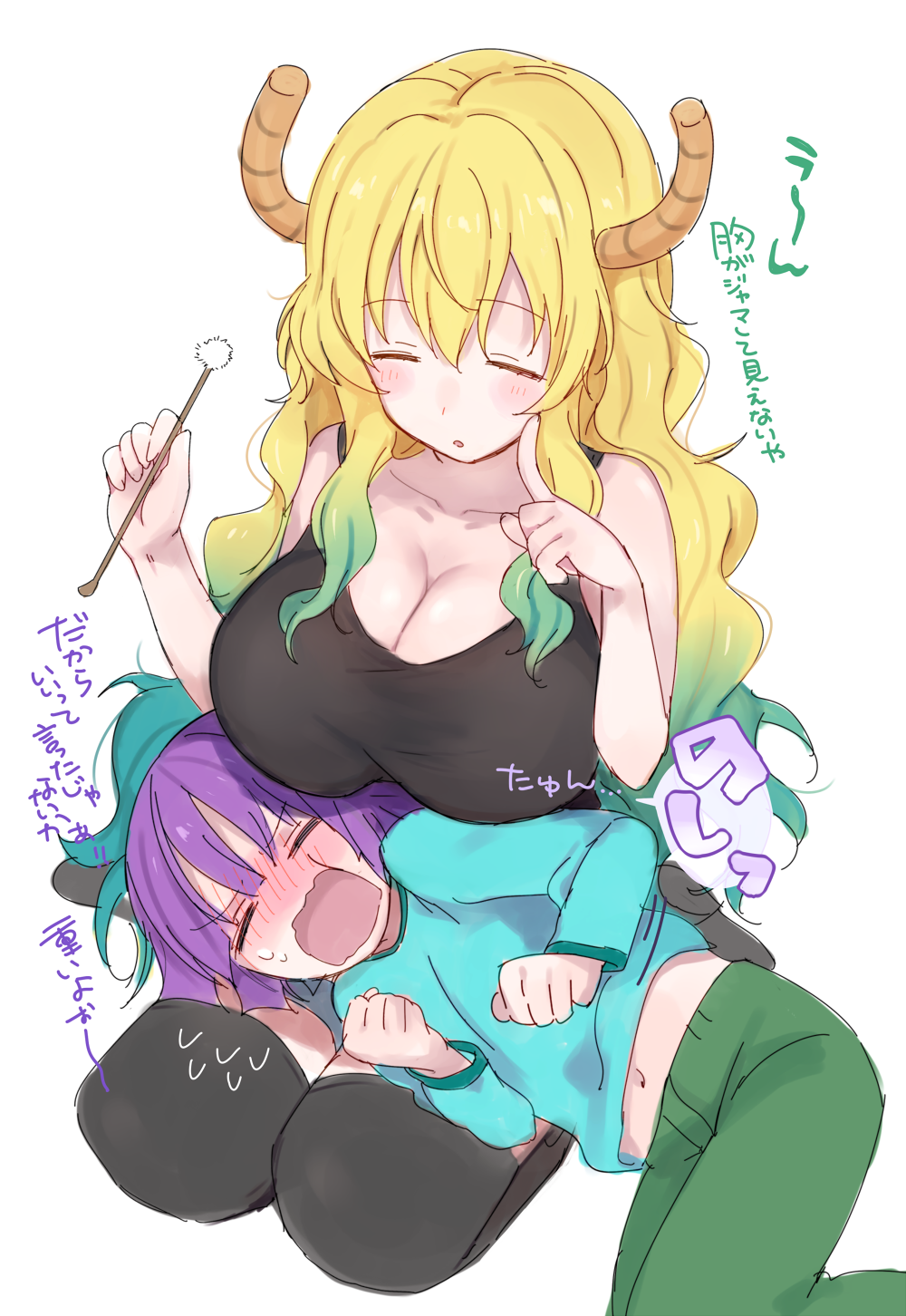 10s, 1boy, 1girl, =_=, age_difference, bare_shoulders, blonde_hair, blue_shorts, blush, breast_press, breast_rest, breasts, breasts_on_head, cheek_press, child, cleavage, clenched_hands, closed_eyes, collarbone, dragon_girl, dragon_horns, ear_cleaning, finger_to_cheek, flying_sweatdrops, from_above, gradient_hair, green_hair, green_pants, hair_between_eyes, highres, holding, horns, kakizato, kobayashi-san_chi_no_maidragon, lap_pillow, large_breasts, long_hair, long_sleeves, lucoa_(maidragon), lying, magatsuchi_shouta, midriff_peek, mimikaki, multicolored_hair, missing_headwear, on_side, onee-shota, open_mouth, pants, parted_lips, purple_hair, seiza, shorts, sitting, sketch, stomach, sweatdrop, tank_top, thighhighs, translation_request, very_long_hair, wavy_mouth, white_background