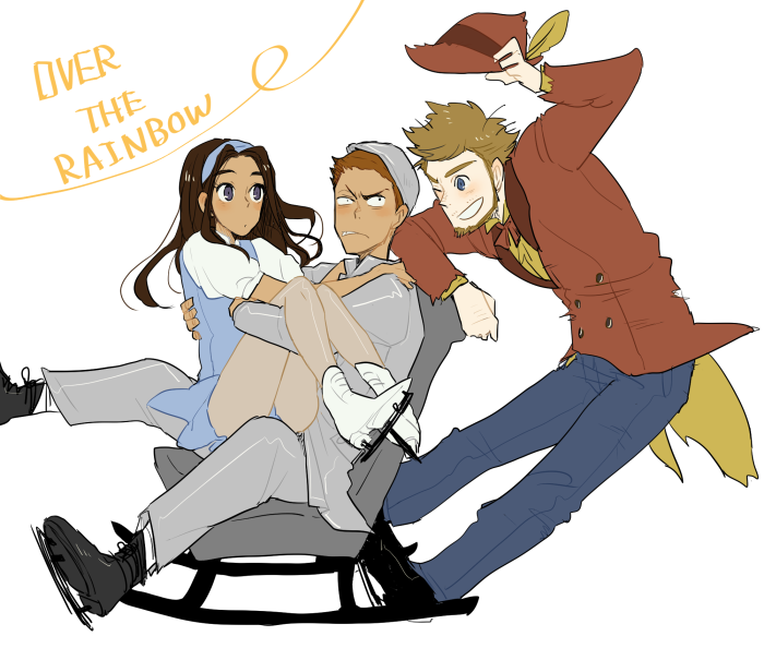 1girl, 2boys, beard, black_hair, blonde_hair, blue_eyes, brown_hair, carrying