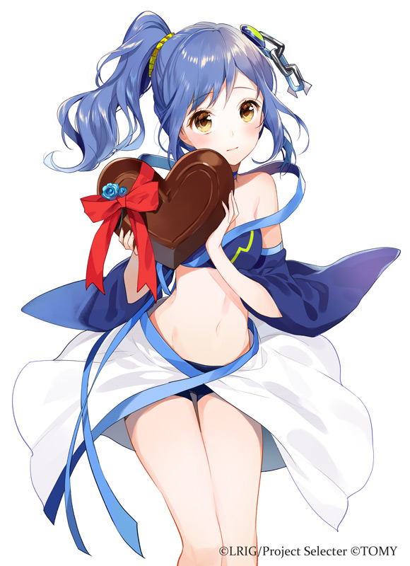 10s, 1girl, bare_shoulders, blue_hair, blush, brown_hair, candy, chocolate, chocolate_heart, commentary_request, detached_sleeves, female_focus, food, gift, hair_ornament, heart, holding, holding_gift, long_hair, looking_at_viewer, lostorage_wixoss, piruluk_(lostorage_wixoss), ponytail, scrunchie, side_ponytail, simple_background, smile, solo, valentine, white_background, wixoss, yuzuki_kihiro