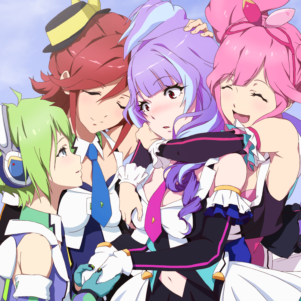 10s, 4girls, :d, :o, bare_shoulders, black_detached_sleeves, blue_eyes, blue_gloves