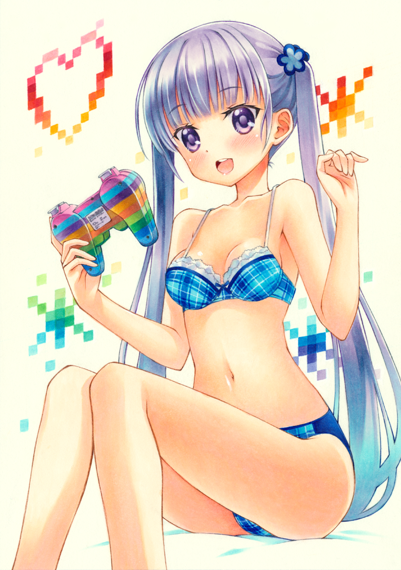 10s, 1girl, bikini, blush, breasts, controller, female_focus, game_controller, heart, long_hair, marker_(medium), navel, new_game!, open_mouth, purple_eyes, purple_hair, small_breasts, smile, solo, suzukaze_aoba, swimsuit, traditional_media, twintails, yuto_cafe