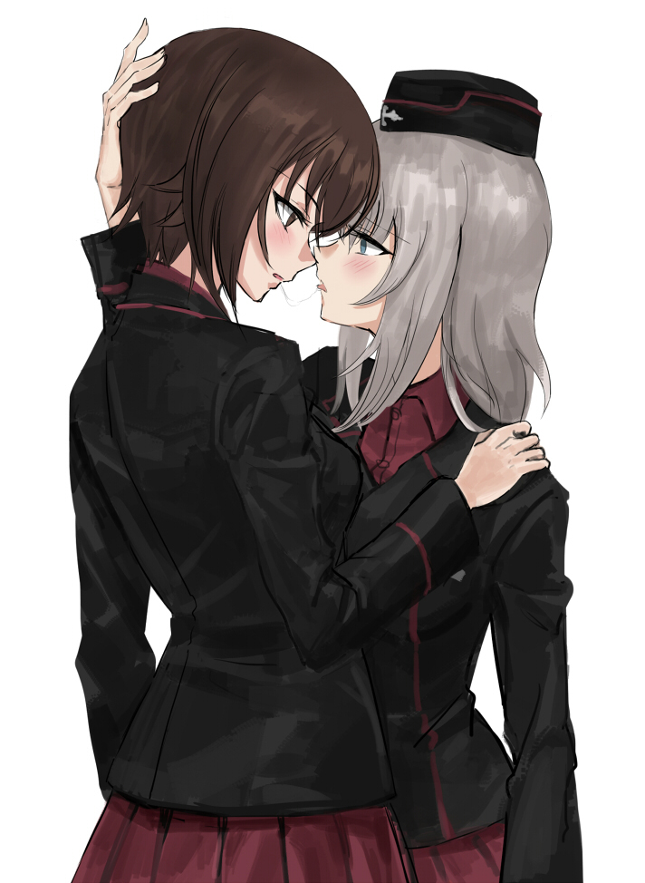 10s, 2girls, after_kiss, black_jacket, blue_eyes, blush, brown_eyes, brown_hair
