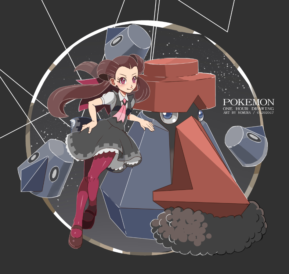 1girl, artist_name, ascot, blue_eyes, brown_hair, copyright_name, dress, gen_4_pokemon, grey_dress, gym_leader, hair_rings, hand_on_own_hip, long_hair, mary_janes, nintendo, nomura_(arumon), pantyhose, pinafore_dress, pink_eyes, pink_pantyhose, pokemon, pokemon_(creature), pokemon_omega_ruby_and_alpha_sapphire, probopass, roxanne_(pokemon), shoes, sleeveless, sleeveless_dress, smile, standing, standing_on_one_leg, twintails
