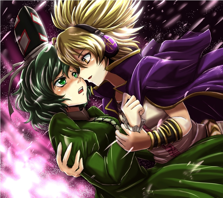 2girls, blonde_hair, blush, bracelet, cape, dress, earmuffs, face-to-face