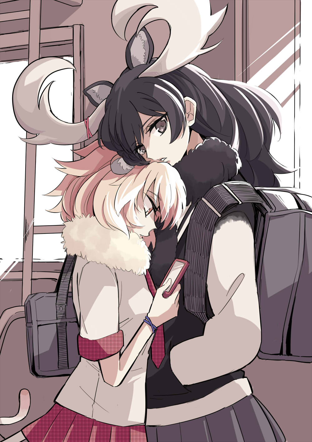 10s, 2girls, animal_ears, antlers, bag, black_hair, black_scarf, black_vest