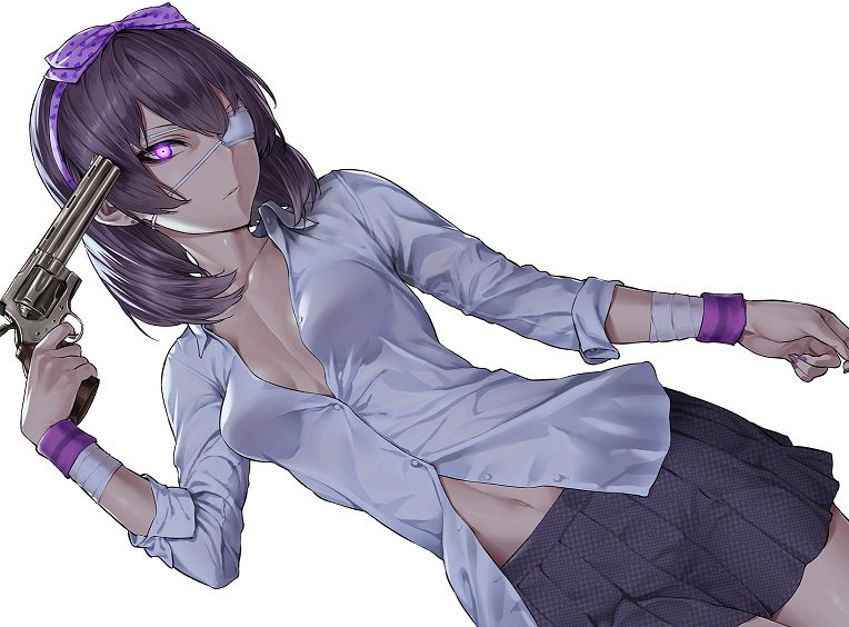 10s, 1girl, bandaged_arm, bandages, black_hair, breasts, collarbone, copyright_request, dress_shirt, dutch_angle, eyepatch, female_focus, finger_on_trigger, glowing, glowing_eyes, gun, gun_to_head, hairband, handgun, hiiragi_yuuichi, ikishima_midari, kakegurui, looking_at_viewer, medium_breasts, nail_polish, navel, no_bra, pleated_skirt, purple_eyes, purple_nails, revolver, shirt, short_hair, skirt, sleeves_rolled_up, solo, sweatband, unbuttoned, unbuttoned_shirt, weapon, white_background