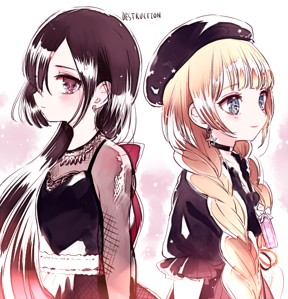 10s, 2girls, alternate_costume, bad_id, bad_twitter_id, black_hair, blonde_hair, blue_eyes