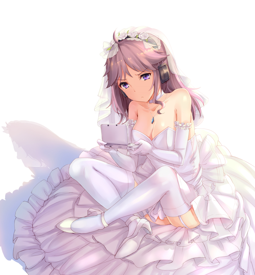 1girl, ahoge, arm_garter, bare_shoulders, breasts, bridal_veil, brown_hair, choker