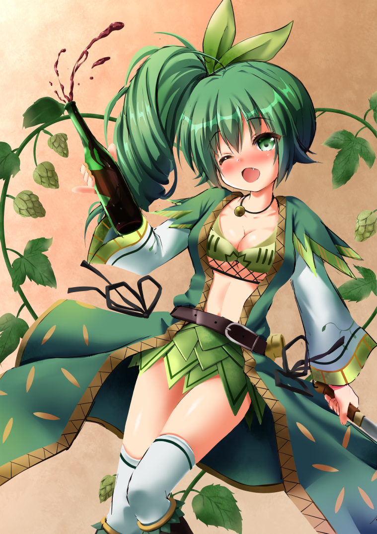 1girl, ;o, alcohol, blush, bottle, bow, bra, breasts, chisato_(missing_park), cleavage, dagger, fang, female_focus, flower, flower_knight_girl, green_bow, green_bra, green_eyes, green_flower, green_hair, green_skirt, hair_bow, hop_(flower_knight_girl), jewelry, knife, long_hair, medium_breasts, name_connection, necklace, object_namesake, one_eye_closed, open_mouth, orange_background, plant, shirt, side_ponytail, skirt, solo, thighhighs, underwear, vines, weapon, white_thighhighs, wine, wine_bottle