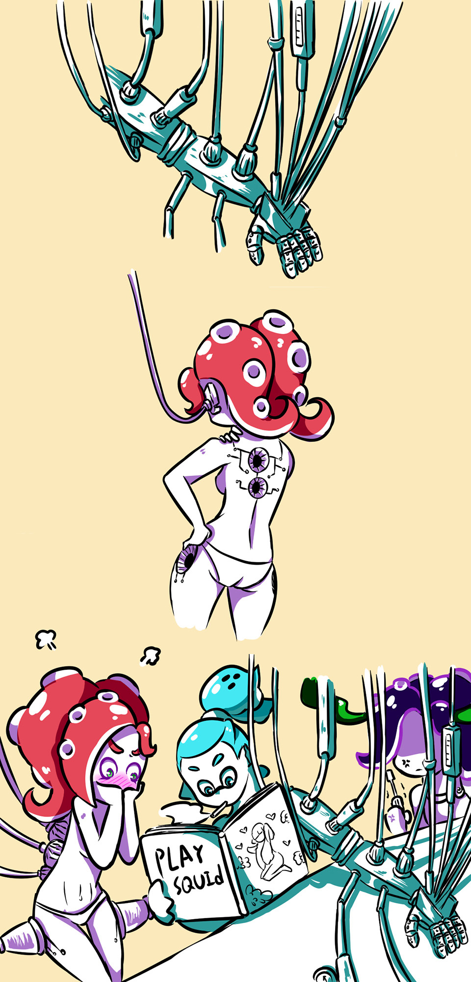 1boy, 2girls, anger_vein, aqua_eyes, aqua_hair, armor, ass, black_hair, blush, book, cable, electrical_outlet, embarrassed, english_text, from_behind, full-face_blush, fume, genteel_(zoza), green_eyes, hair_slicked_back, hand_on_own_hip, hand_on_own_shoulder, hands_on_own_face, highres, holding, holding_book, inkling, inkling_boy, inkling_player_character, looking_at_another, md5_mismatch, mechanical_arms, multiple_girls, nintendo, octoling, open_book, pancake_(zoza), panties, parody, pornography, reading, red_hair, screwdriver, scrunchie, seaweed, siblings, single_mechanical_arm, sisters, sitting, smoking, splatoon_(series), splatoon_1, standing, stitched, takozonesu, tentacle_hair, thigh_gap, third-party_edit, topknot, topless_female, underwear, viewing_pornography, waffle_(zoza), zoza