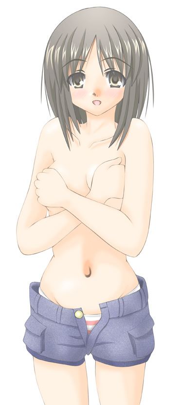 1girl, a-kazuo, azumanga_daiou, bad_id, bad_pixiv_id, breasts, brown_eyes, brown_hair, covering_breasts, covering_privates, denim, denim_shorts, female_focus, grabbing_another's_breast, groping, kasuga_ayumu, long_hair, open_fly, panties, shorts, solo, striped_clothes, striped_panties, topless_female, underwear, unzipped, white_background