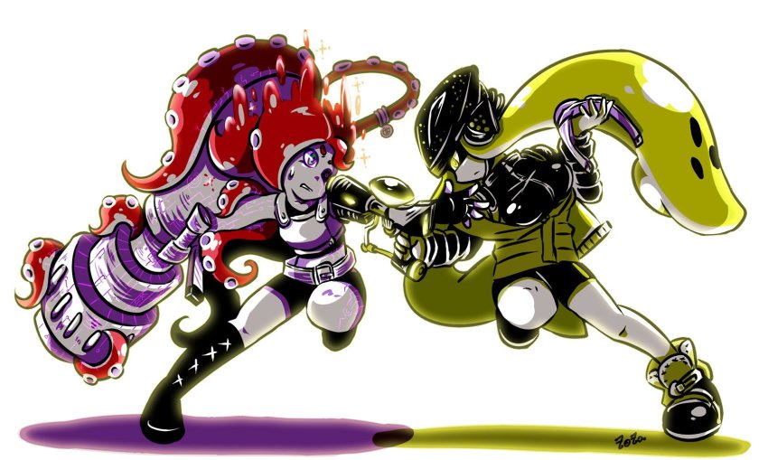 2girls, agent_3_(splatoon), alternate_eye_color, arm_cannon, armor, artist_name, belt, bicycle_helmet