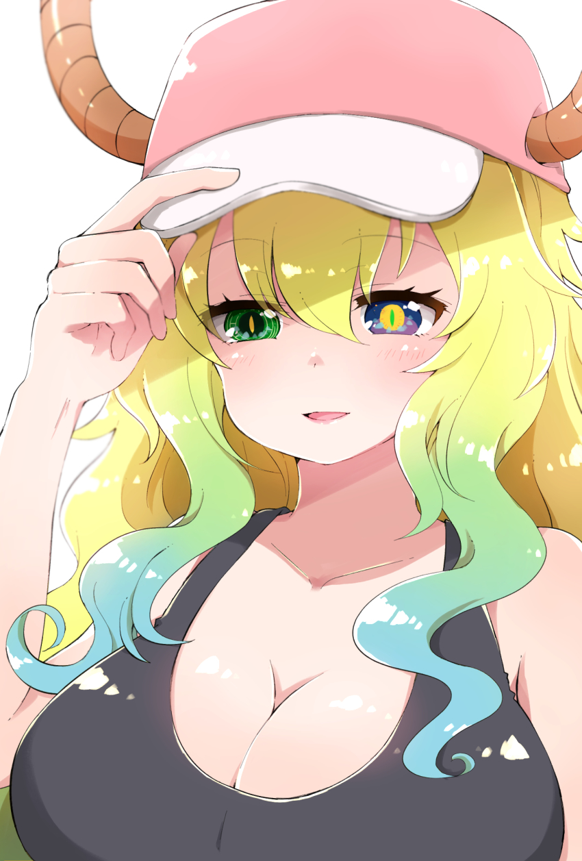 10s, 1girl, bare_shoulders, baseball_cap, blonde_hair, breasts, cleavage, dragon_girl