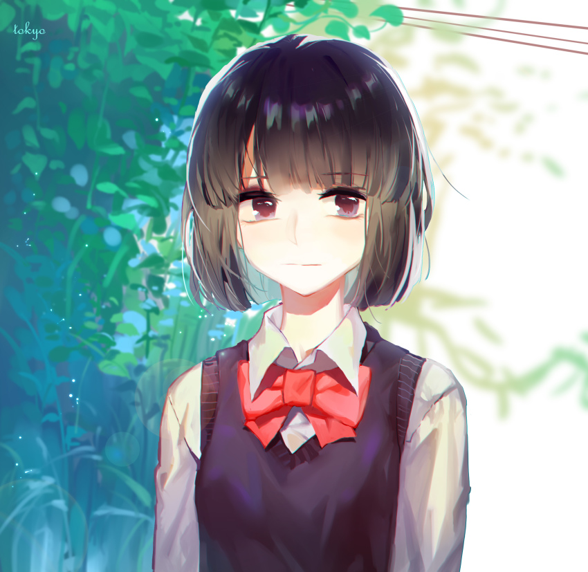 10s, 1girl, artist_name, black_hair, bow, brown_eyes, highres, kuzu_no_honkai, looking_at_viewer, outdoors, plant, red_bow, school_uniform, short_hair, tokio_(tokyoosad), upper_body, vest, yasuraoka_hanabi