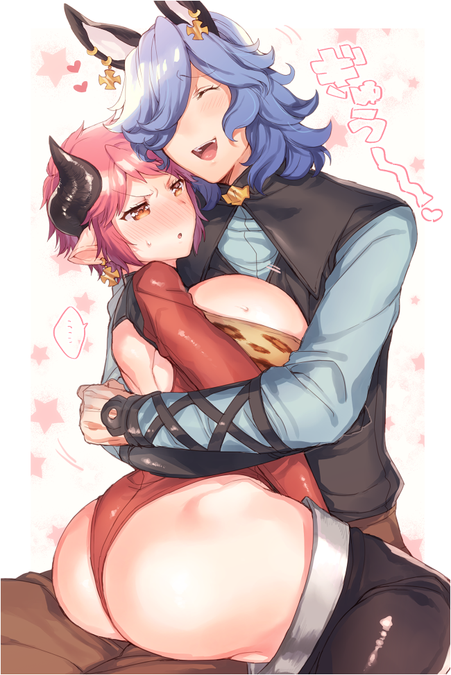 10s, 1boy, 1girl, ass, black_legwear, blue_hair, blush, breasts, cleavage, drang_(granblue_fantasy), drunk_(granblue_fantasy), earrings, eno_yukimi, granblue_fantasy, heart, horns, huge_breasts, jewelry, large_breasts, open_mouth, pink_hair, plump, pointy_ears, short_hair, smile, sturm_(granblue_fantasy), thick_thighs, thighs, translated, wide_hips