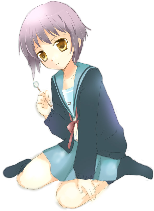 00s, brown_eyes, cardigan, dandelion, flower, kayune_niu, kayuumi, nagato_yuki