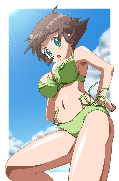 00s, 1girl, awa, bikini, breasts, brown_hair, cleavage, day, female_focus, green_bikini, jaggy_lines, kemeko_deluxe, large_breasts, makihara_izumi, oekaki, outdoors, short_hair, solo, swimsuit