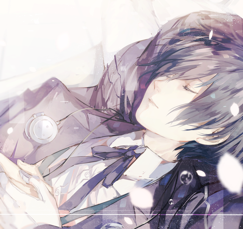 aigis_(persona), blazer, blue_ribbon, mp3_player, eve_(utaite), hair_over_one_eye, hands_on_own_chest, headphones