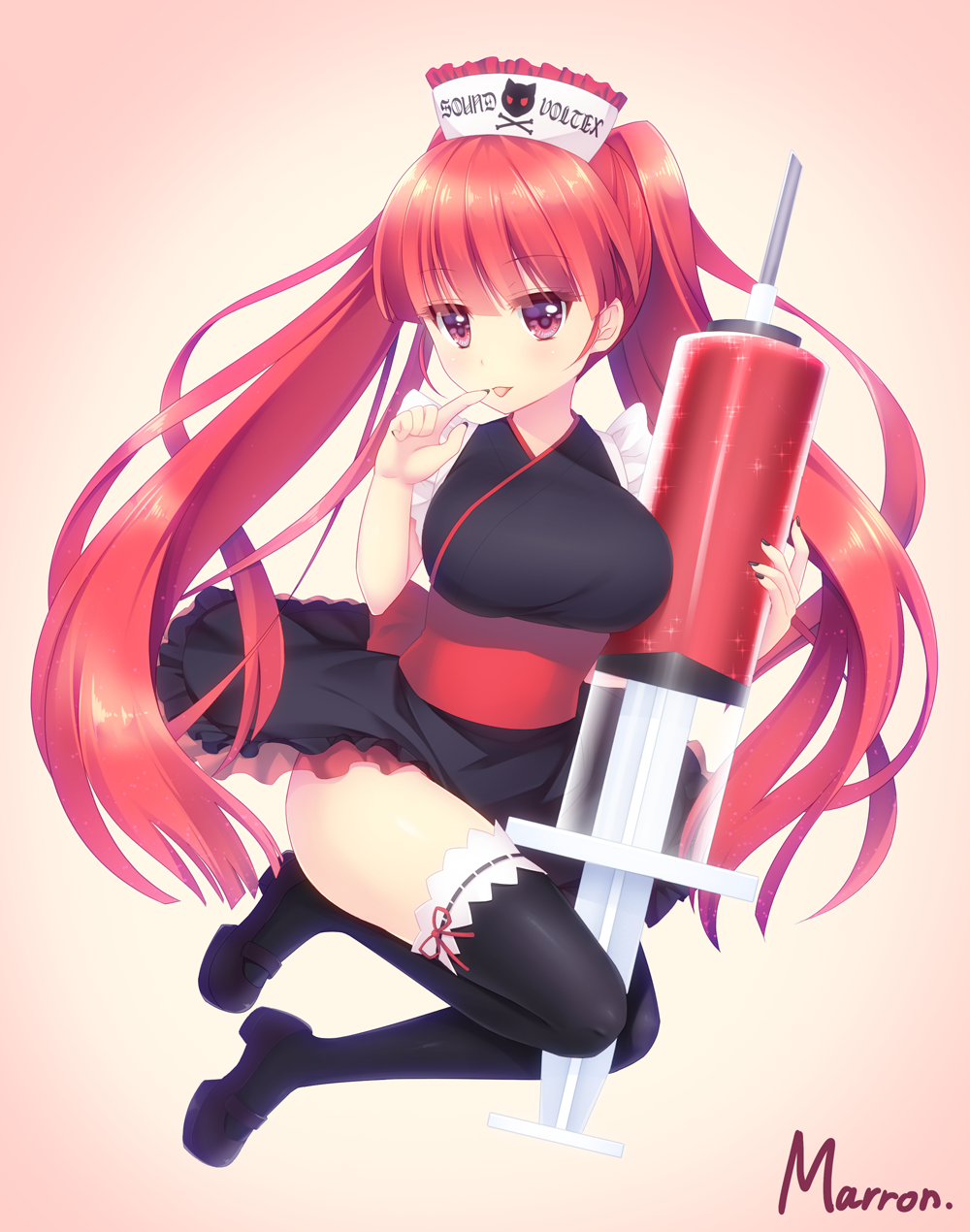 1girl, alternate_costume, artist_name, bemani, between_legs, black_kimono, black_nails, black_shoes