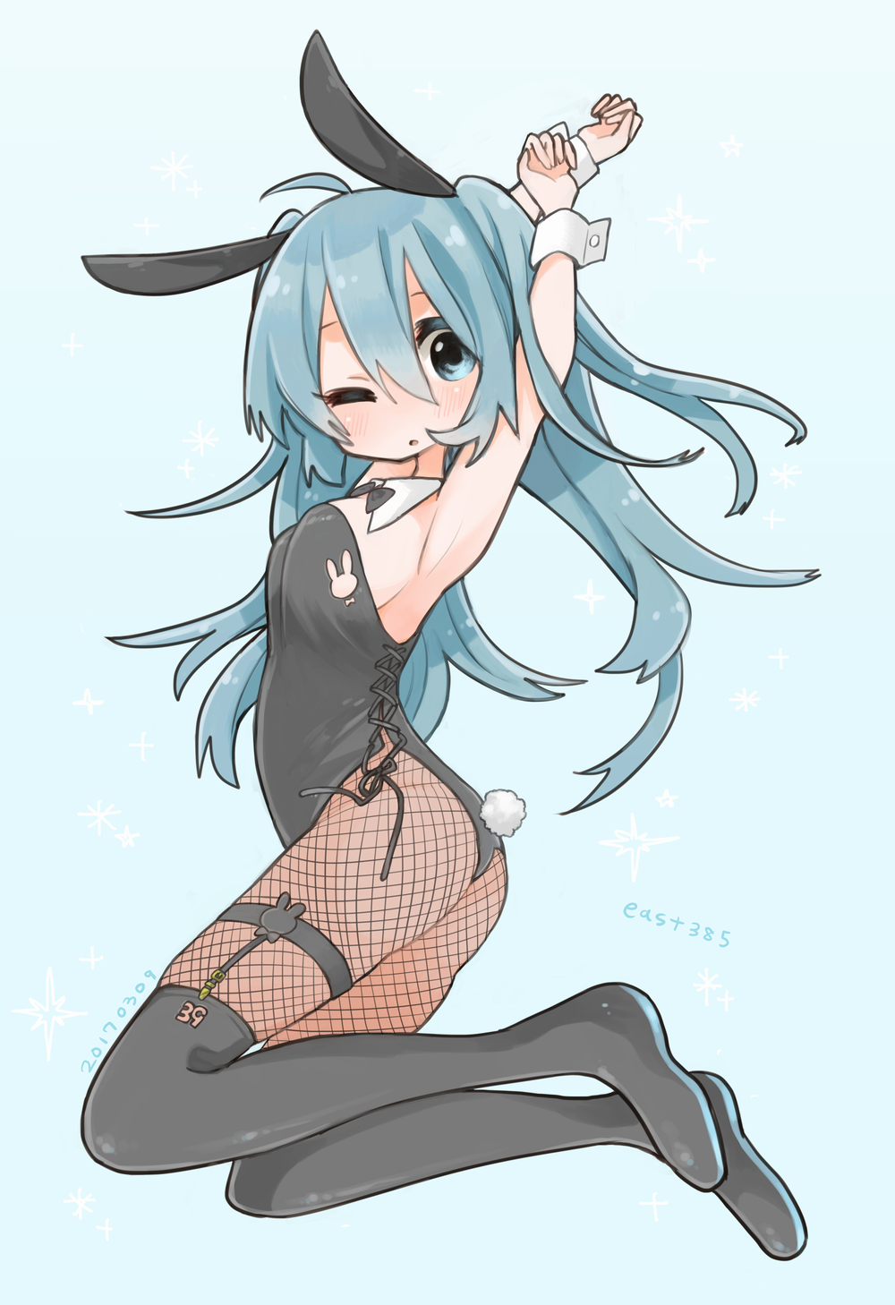 00s, 1girl, animal_ears, aqua_eyes, aqua_hair, bad_id, bad_pixiv_id, black_boots, black_pantyhose, boots, bow, bowtie, breasts, detached_collar, fake_animal_ears, female_focus, fishnet_pantyhose, fishnets, green_background, hatsune_miku, higashi_(azm), highres, jumping, long_hair, one_eye_closed, pantyhose, playboy_bunny, rabbit_ears, rabbit_tail, sideboob, solo, tail, thigh_boots, thighhighs, twintails, vocaloid, wrist_cuffs