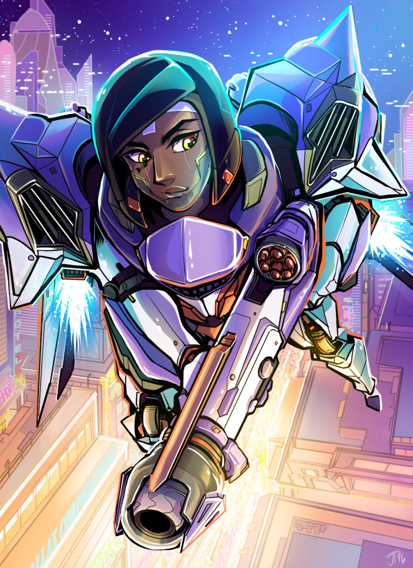 1girl, alternate_costume, armor, black_hair, cityscape, commentary, cyborg, dark-skinned_female