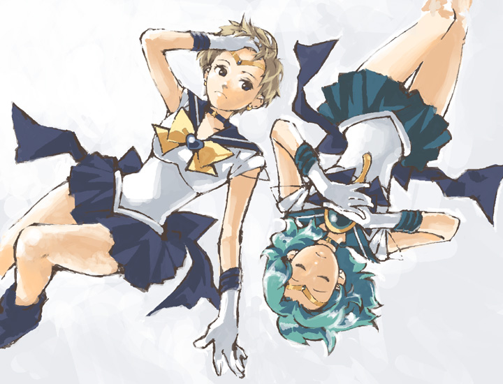 1990s_(style), 2girls, bishoujo_senshi_sailor_moon, black_eyes, blonde_hair, blue_sailor_collar, blue_skirt, bow
