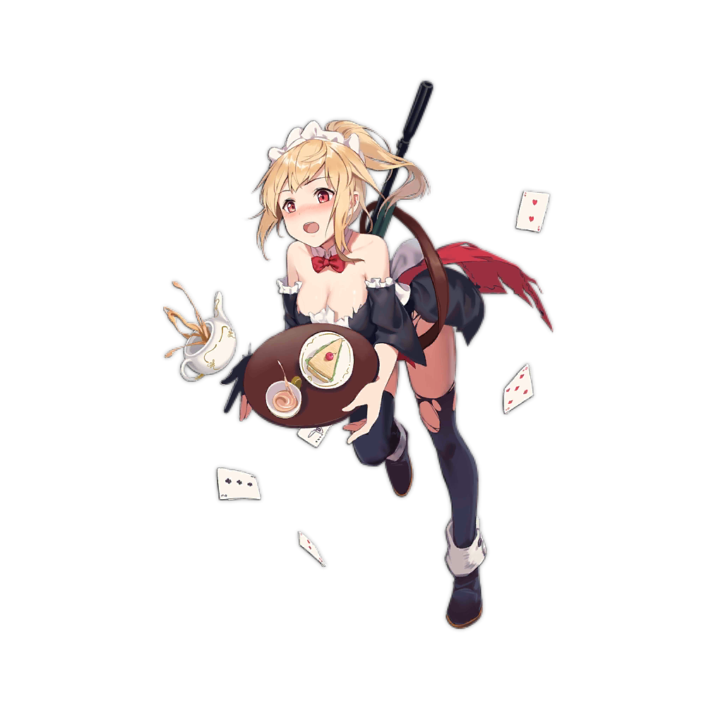 1girl, apron, blonde_hair, blush, bolt_action, card, cup, detached_sleeves