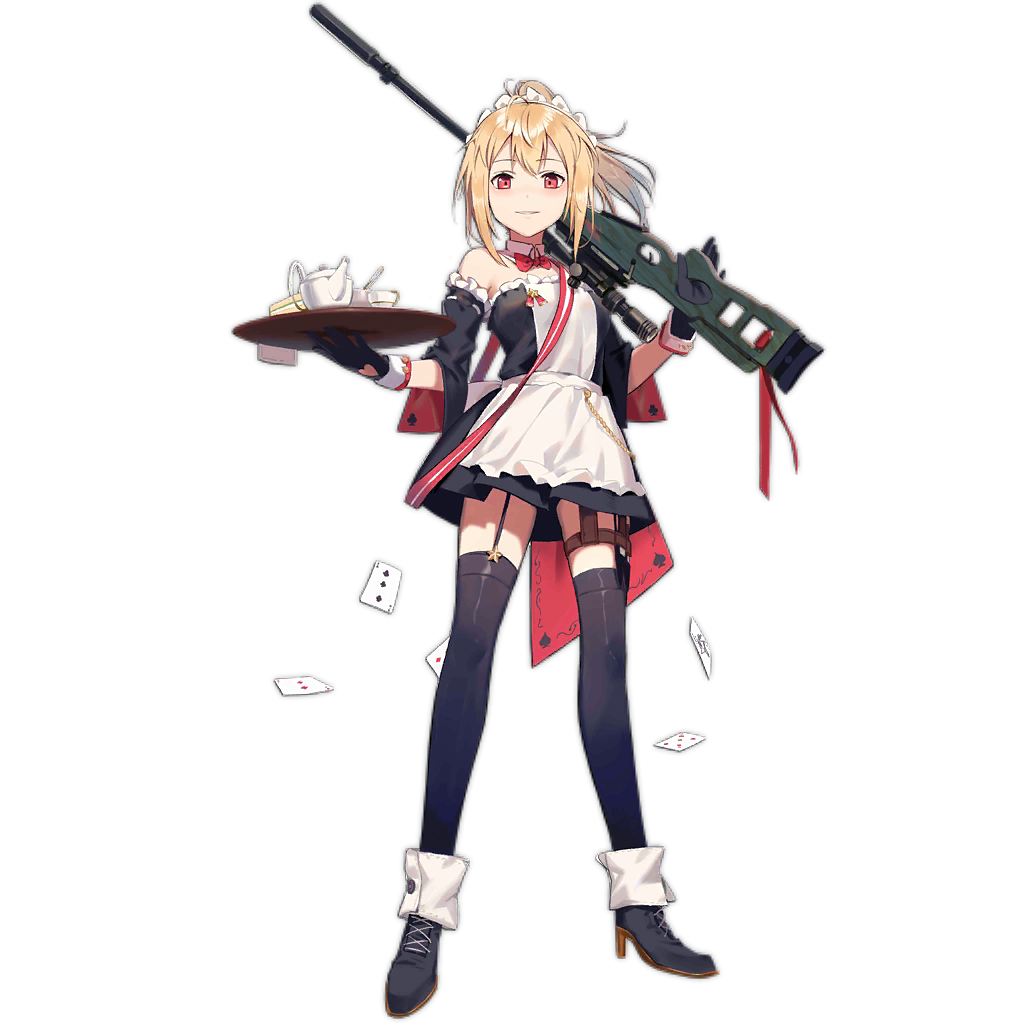 1girl, apron, blonde_hair, bolt_action, card, detached_sleeves, female_focus, full_body