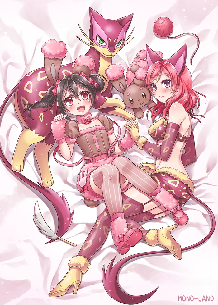 2girls, :d, alternate_color, animal_ears, arm_warmers, black_hair, blush, bow, buneary, buneary_(cosplay), choker, cosplay, elbow_gloves, fur_trim, garter_straps, gen_4_pokemon, gen_5_pokemon, gloves, high_heels, interlocked_fingers, leg_warmers, liepard, liepard_(cosplay), love_live!, love_live!_school_idol_project, lying, mono_land, multiple_girls, nintendo, nishikino_maki, open_mouth, pokemon, pokemon_black_and_white, purple_eyes, red_eyes, red_hair, shiny_pokemon, smile, striped_clothes, striped_legwear, striped_thighhighs, tail, thighhighs, twintails, vertical-striped_clothes, vertical-striped_legwear, vertical-striped_thighhighs, yazawa_nico