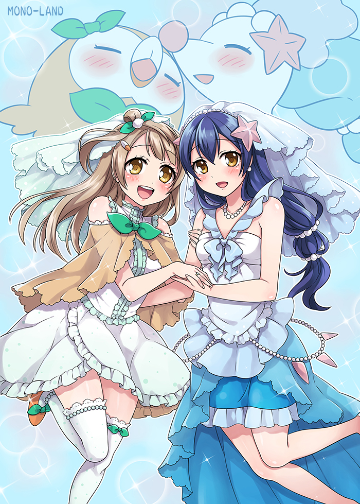 2girls, :d, blue_hair, blush, bridal_veil, brown_eyes, brown_hair, cosplay