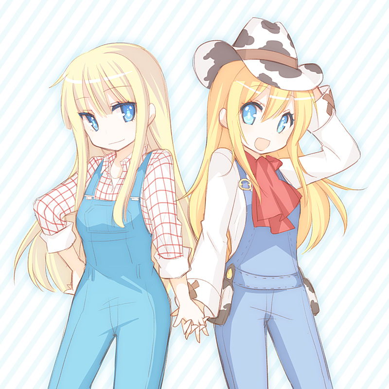 2girls, animal_print, blonde_hair, blue_eyes, bokujou_monogatari, bokujou_monogatari:_hajimari_no_daichi, claire_(bokujou_monogatari), cow_print