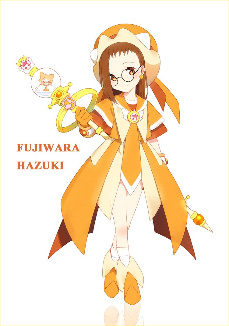 1girl, alternate_costume, blush, brown_eyes, brown_hair, character_name, fujiwara_hazuki, glasses