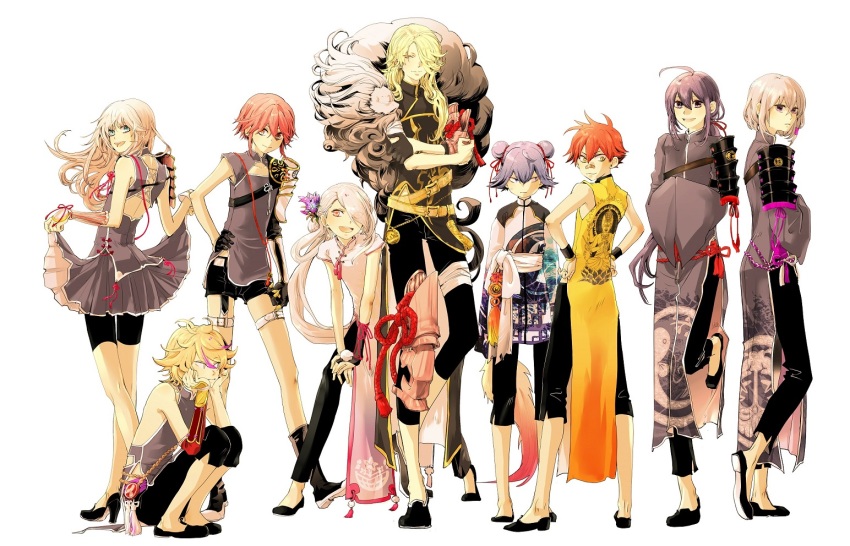 10s, 6+boys, ahoge, aizen_kunitoshi, alternate_hairstyle, armor, black_gloves, blonde_hair