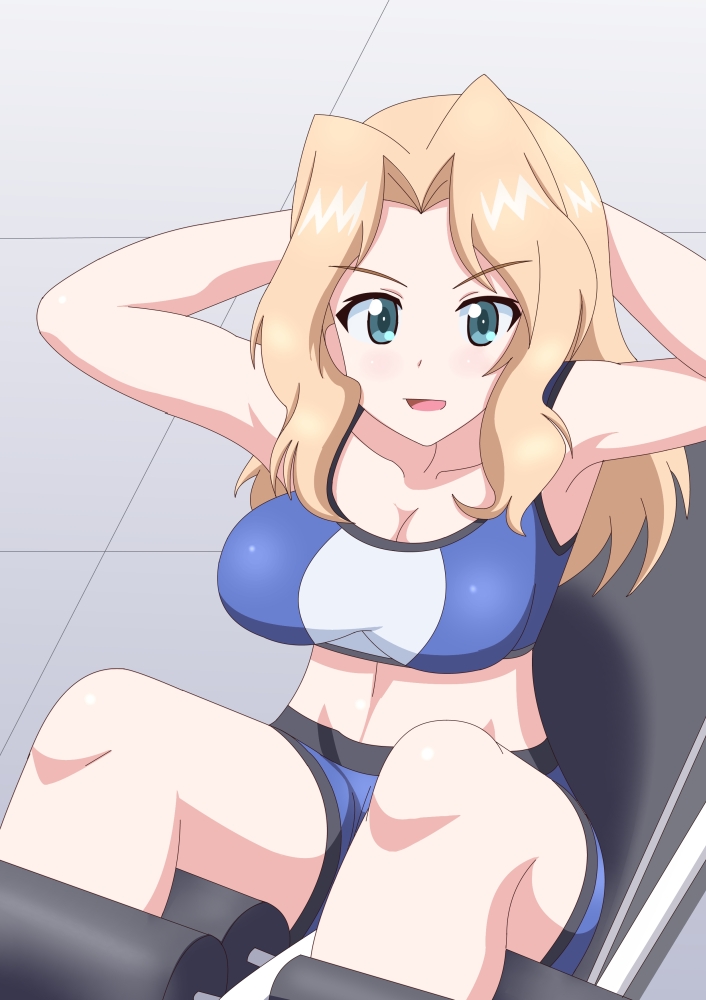 10s, 1girl, armpits, arms_behind_head, blue_eyes, blush, breasts, cleavage