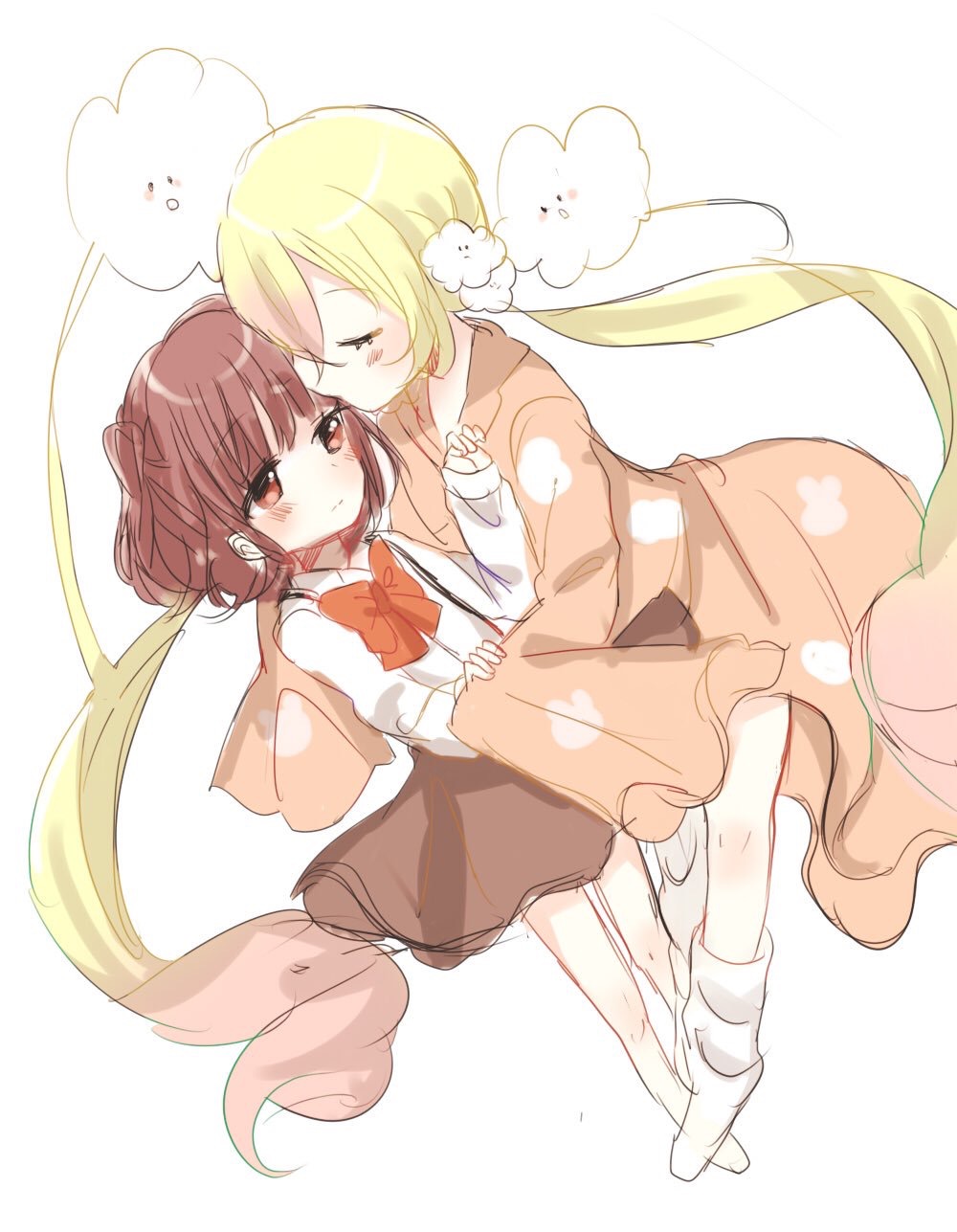 10s, 2girls, blonde_hair, blush, brown_hair, cloud, closed_eyes, kissing_forehead