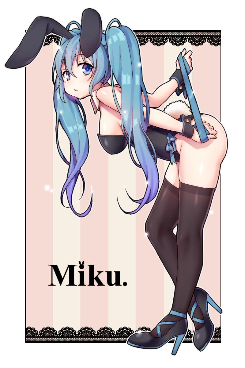 1girl, animal_ears, ass, bad_id, bad_pixiv_id, bent_over, black_thighhighs, blue_eyes