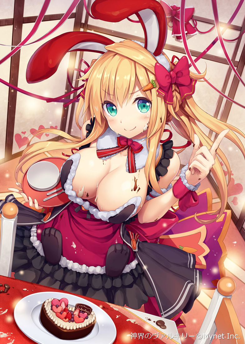 1girl, akkijin, animal_ears, apron, blonde_hair, blush, breasts, cake