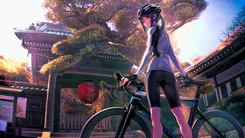 1girl, architecture, ass, bicycle, bicycle_helmet, bike_horn, bike_jersey, bike_shorts