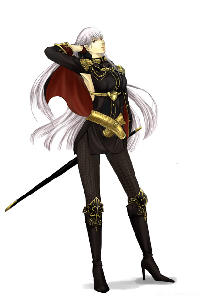 00s, 1girl, aiguillette, arm_up, armpits, bad_id, bad_pixiv_id, boots, female_focus, high_heel_boots, high_heels, long_hair, military, military_uniform, pantyhose, selvaria_bles, senjou_no_valkyria, senjou_no_valkyria_(series), senjou_no_valkyria_1, shad, shoes, solo, sword, timetail, toki-o, weapon, white_background, white_hair