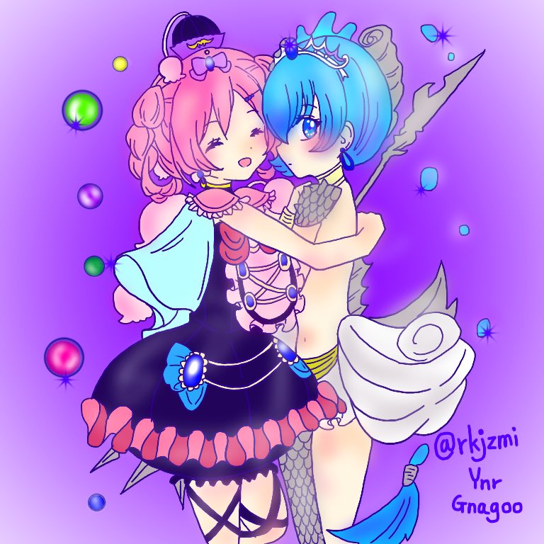 10s, 2girls, bad_id, bad_twitter_id, blue_eyes, blue_hair, bluebell_candy, blush, braid, couple, closed_eyes, happy, hat, hug, mahou_shoujo_ikusei_keikaku, midriff, moka_panda, multiple_girls, pink_hair, polearm, princess_deluge, tiara, weapon, yuri