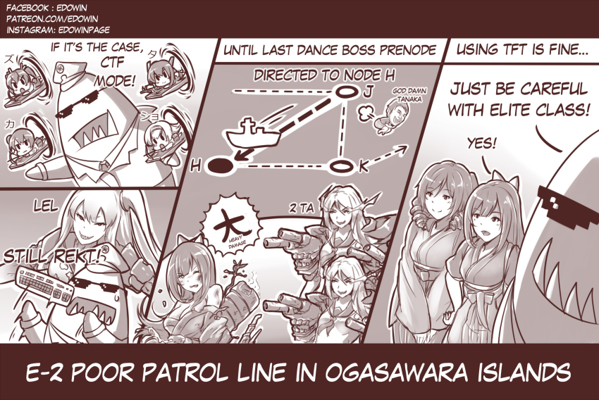 10s, admiral_(kancolle), aircraft_carrier_princess, cannon, chibi, damaged, dota_(series), dota_2, drill_hair, edwin_(cyberdark_impacts), english_text, fate_(series), flight_deck, gameplay_mechanics, gate_of_babylon_(fate), grin, hair_ribbon, harukaze_(kancolle), hat, highres, kaga_(kancolle), kamikaze_(kancolle), kantai_collection, kensuke_tanaka, keyboard, long_hair, meiji_schoolgirl_uniform, monochrome, multiple_girls, peaked_cap, ribbon, rigging, ship_turret, shoukaku_(kancolle), side_ponytail, smile, sunglasses, ta-class_battleship, taihou_(kancolle), tanaka_kensuke, tidehunter_(dota), weapon, zuikaku_(kancolle)