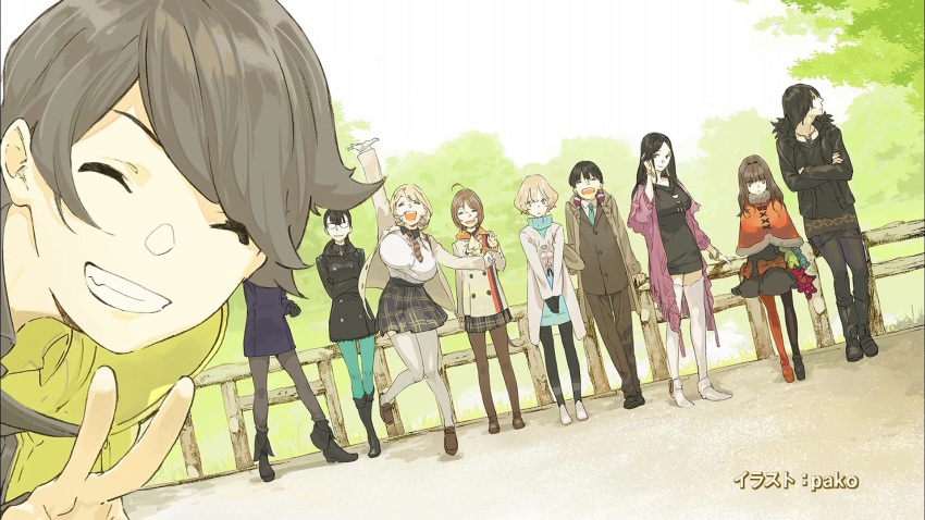 10s, 3boys, 6+girls, :d, ahoge, aikawa_miyuu, aqua_eyes, aqua_necktie, arm_up, artist_name, asymmetrical_legwear, black_dress, black_footwear, black_gloves, black_hair, black_jacket, black_legwear, black_pants, black_shirt, black_skirt, blonde_hair, blue_sweater, boots, bow, breasts, brown_eyes, brown_hair, brown_pants, brown_sweater, capelet, character_request, closed_eyes, coat, crossed_arms, day, dress, dutch_angle, end_card, full_body, gamon_yuuta, glasses, gloves, grin, hand_in_own_hair, hashigami_sarai, high_heels, highres, huge_breasts, jacket, jewelry, kisaki_asuna, kizaki_asuna, kurenaino_aria, kusakabe_kiryuu, large_breasts, long_hair, looking_away, miniskirt, moritsuka_shun, multiple_boys, multiple_girls, necklace, necktie, occultic;nine, open_clothes, open_jacket, open_mouth, orange_bow, orange_legwear, outdoors, own_hands_together, pako_(pakosun), pants, pantyhose, pleated_skirt, science_adventure, shirt, shoes, short_dress, short_hair, skirt, smile, standing, sumikaze_touko, sweater, thighhighs, uneven_legwear, v, white_footwear, white_legwear, zettai_ryouiki