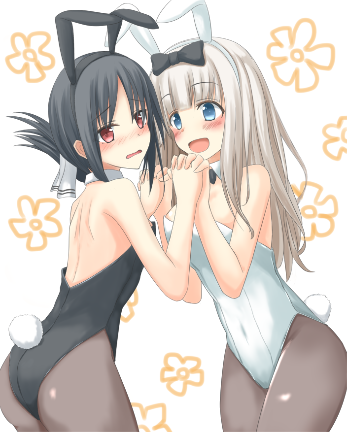 2girls, :d, :o, alternate_hair_color, animal_ears, ass, back, bare_arms, bare_back, bare_shoulders, black_bow, black_bowtie, black_hair, black_leotard, blue_eyes, blunt_bangs, blush, bow, bowtie, breasts, couple, detached_collar, embarrassed, fake_animal_ears, female_focus, floral_background, flower, folded_ponytail, fujiwara_chika, grey_legwear, hair_bow, happy, holding_hands, interlocked_fingers, kaguya-sama_wa_kokurasetai_~tensai-tachi_no_renai_zunousen~, leotard, long_hair, looking_at_another, looking_at_viewer, looking_away, medium_breasts, multiple_girls, open_mouth, pantyhose, playboy_bunny, rabbit_ears, rabbit_tail, red_eyes, shinomiya_kaguya, short_hair, shy, silver_hair, small_breasts, smile, strapless, strapless_leotard, tail, takemitsu-zamurai, white_leotard, wrist_cuffs, yuri